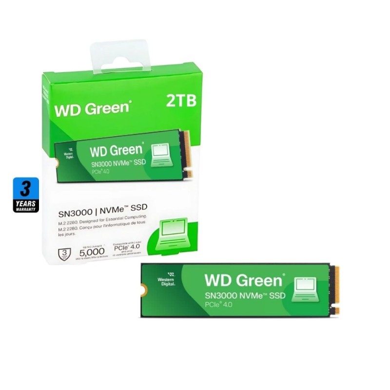 Western Digital WD Green SN3000 2TB M.2 2280 NVMe SSD - PCIe 4.0 x4, 5000 MB/s, QLC 3D NAND - WDS200T4G0E (Boxed)