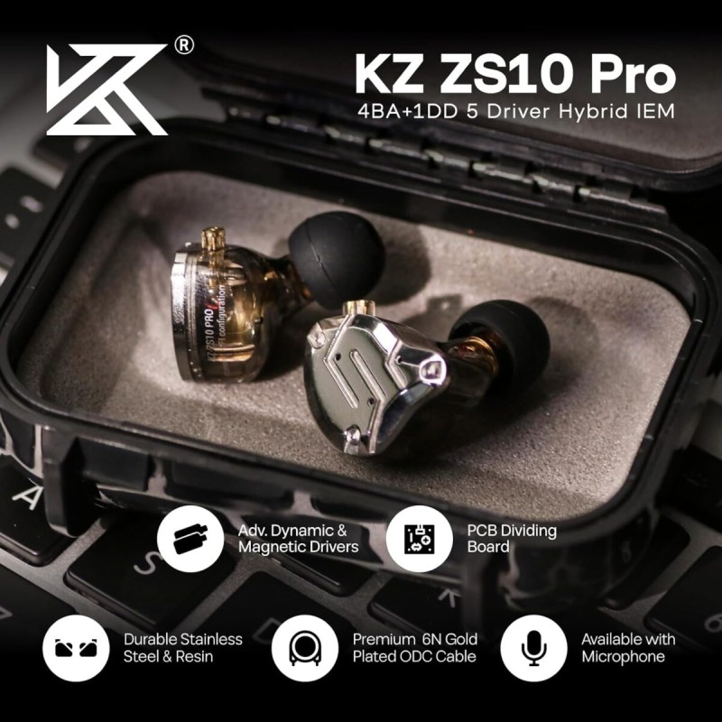KZ ZS10 PRO Black With Mic - IEM 3,5 Musician In Ear Monitor Earphones, 4BA+1DD 5 Driver 10mm, metal