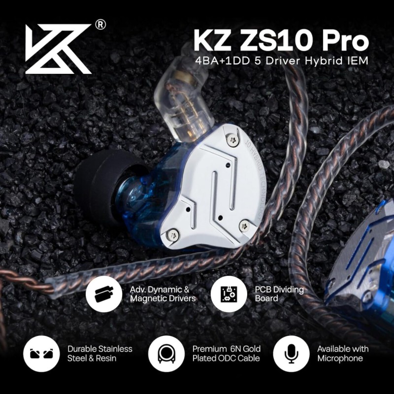 KZ ZS10 PRO Blue With Mic - IEM 3,5 Musician In Ear Monitor Earphones, 4BA+1DD 5 Driver 10mm, metal