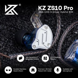 KZ ZS10 PRO Blue No Mic - IEM 3,5 Musician In Ear Monitor Earphones, 4BA+1DD 5 Driver 10mm, metal