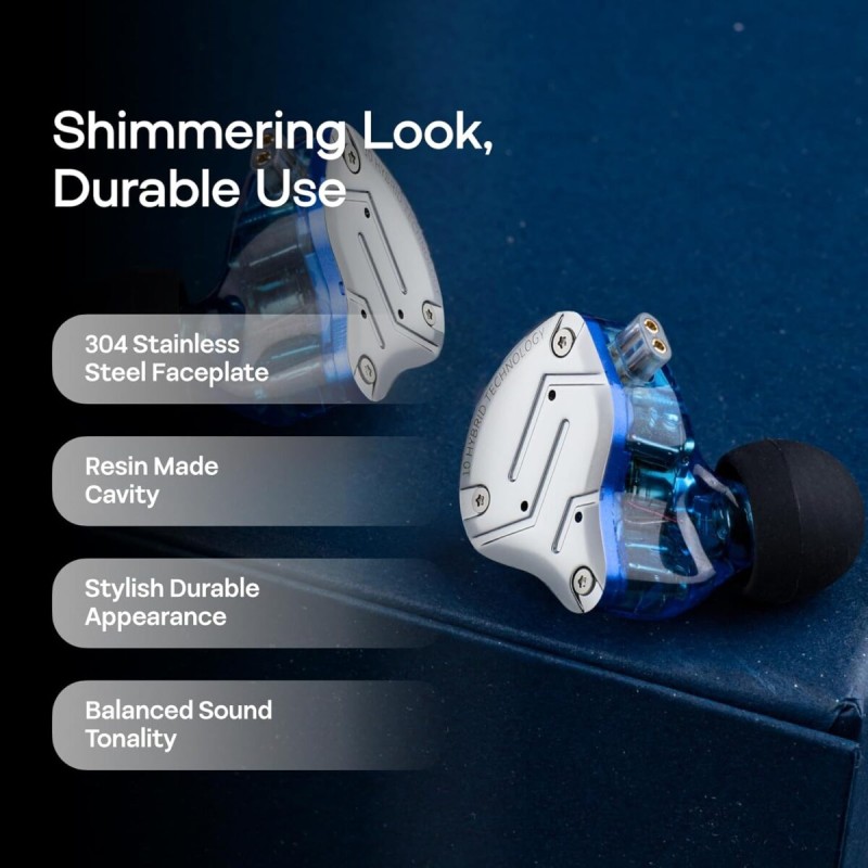 KZ ZS10 PRO Blue No Mic - IEM 3,5 Musician In Ear Monitor Earphones, 4BA+1DD 5 Driver 10mm, metal