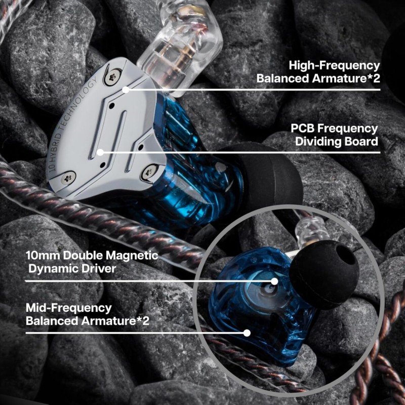 KZ ZS10 PRO Blue No Mic - IEM 3,5 Musician In Ear Monitor Earphones, 4BA+1DD 5 Driver 10mm, metal