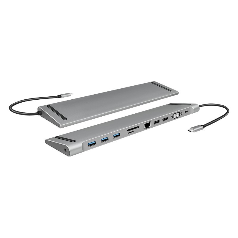 LogiLink UA0373 USB-C 11-in-1 Docking Station - 100W PD, 2x HDMI, VGA, Gigabit Ethernet, Silver