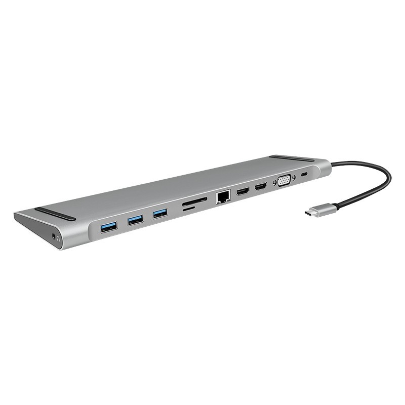LogiLink UA0373 USB-C 11-in-1 Docking Station - 100W PD, 2x HDMI, VGA, Gigabit Ethernet, Silver