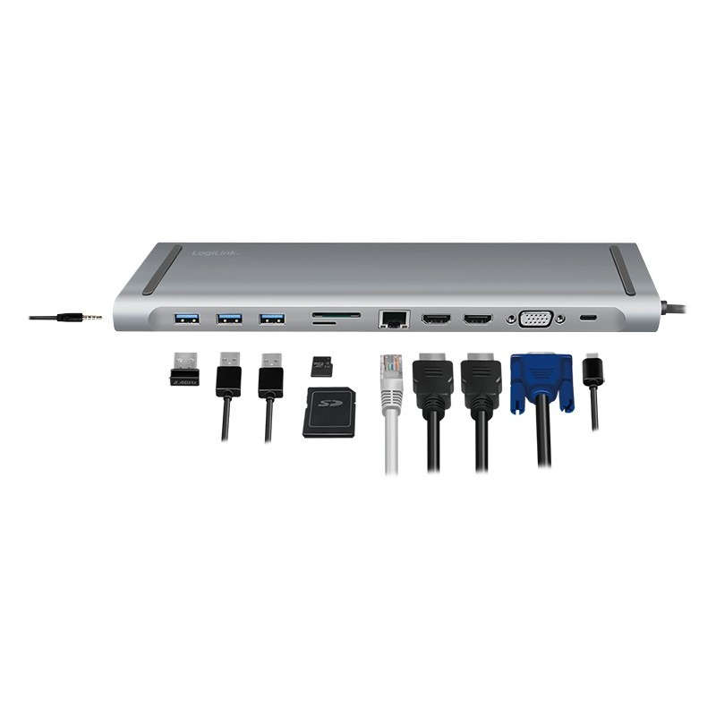 LogiLink UA0373 USB-C 11-in-1 Docking Station - 100W PD, 2x HDMI, VGA, Gigabit Ethernet, Silver