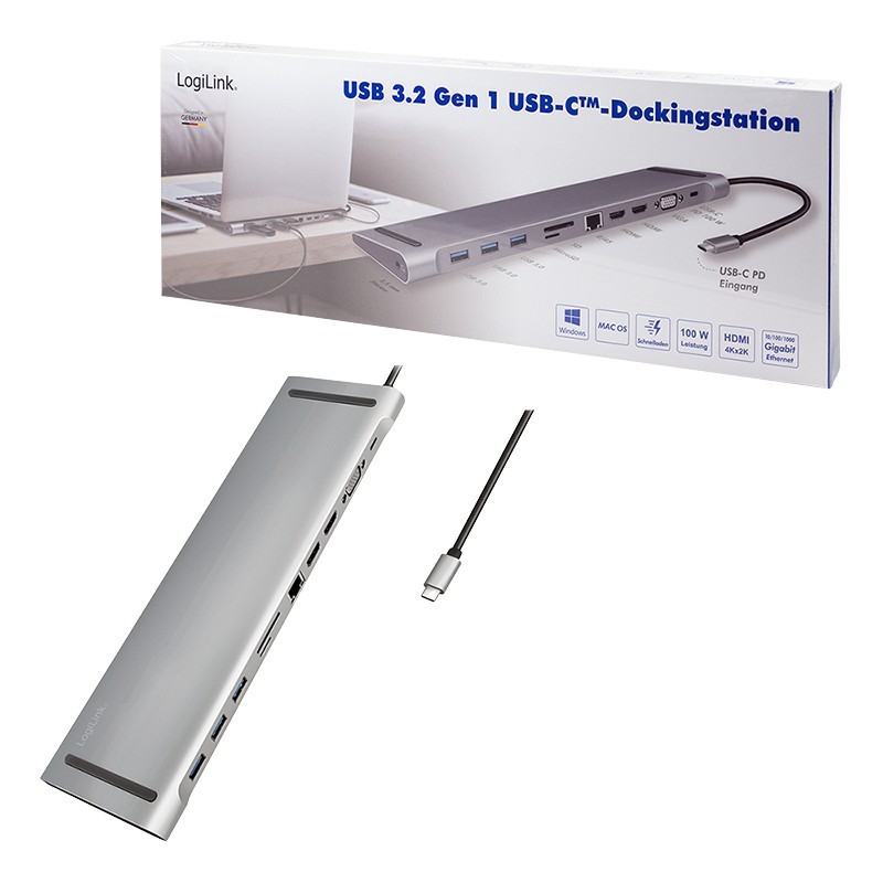 LogiLink UA0373 USB-C 11-in-1 Docking Station - 100W PD, 2x HDMI, VGA, Gigabit Ethernet, Silver