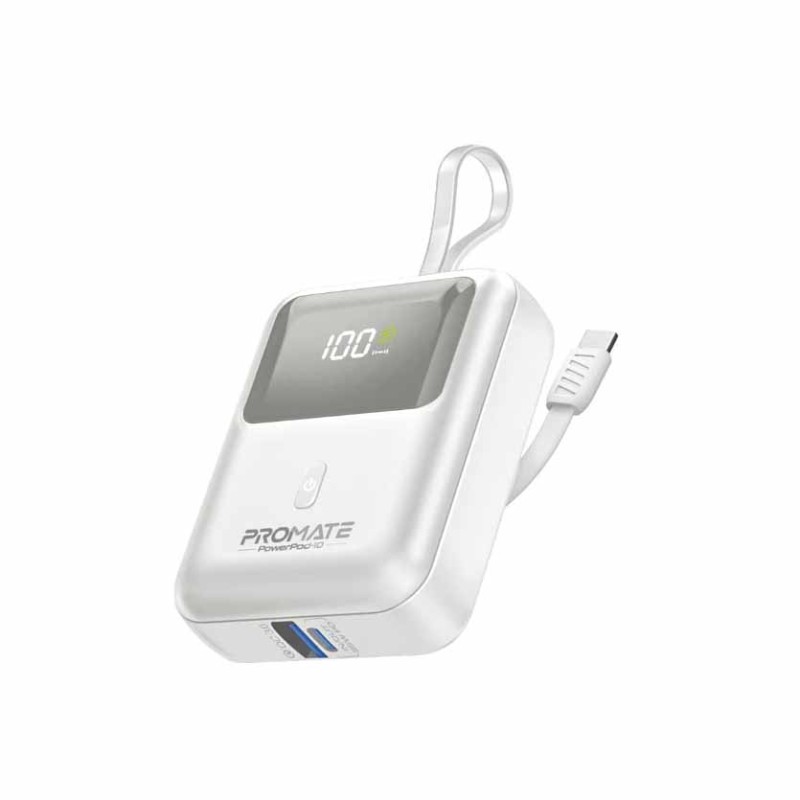 POWERPOD-10.WHITE 10000mAh COMPACT POWERBANK 35W W BUILT-IN USB-C CABLE PROMATE — Buy in Cyprus with Fast Delivery