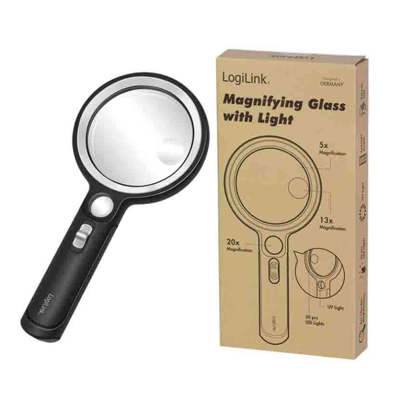 WZ0075 MAGNIFYING GLASS WITH LIGHT, 5x, 13x and 20x MAGNIFICATION, BLACK LOGILINK — Buy in Cyprus with Fast Delivery