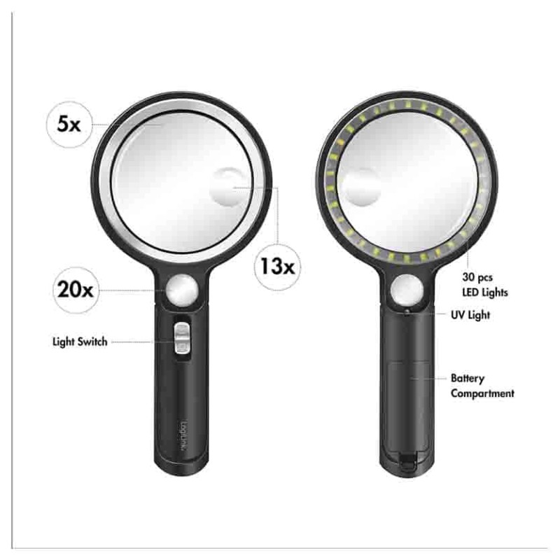 WZ0075 MAGNIFYING GLASS WITH LIGHT, 5x, 13x and 20x MAGNIFICATION, BLACK LOGILINK — Buy in Cyprus with Fast Delivery