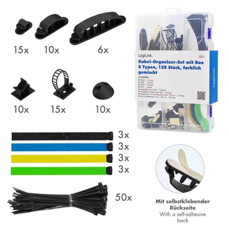 Buy KAB0084 CABLE ORGANIZER SET IN A BOX, 8 ITEMS, 128pcs. MIXED COLOR, LOGILINK in Cyprus, Nicosia, Limassol, Larnaka, Pafos