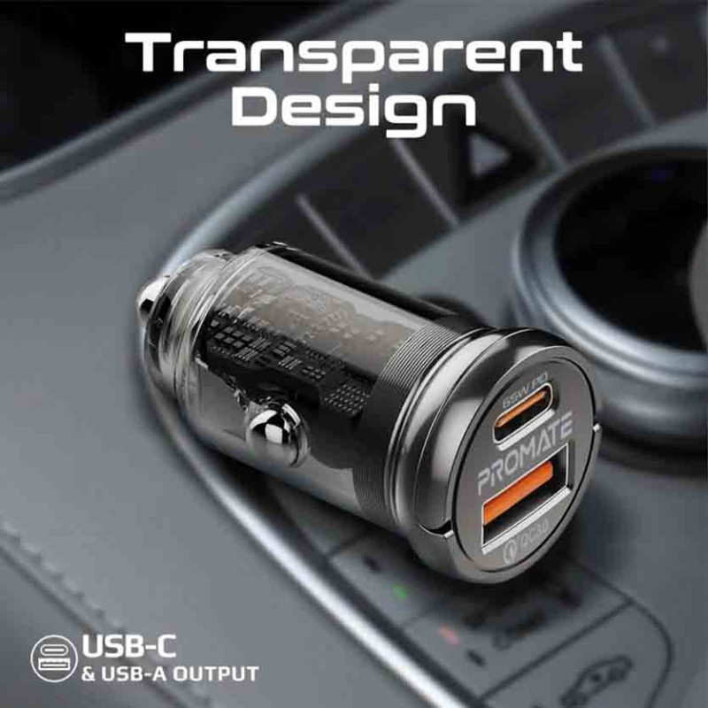 Buy TRANSDRIVE-65W RAPID CAR MINI CHARGER TRANSPARENT, QUICK CHARGE PORTS PROMATE in Cyprus, Nicosia, Limassol, Larnaka, Pafos