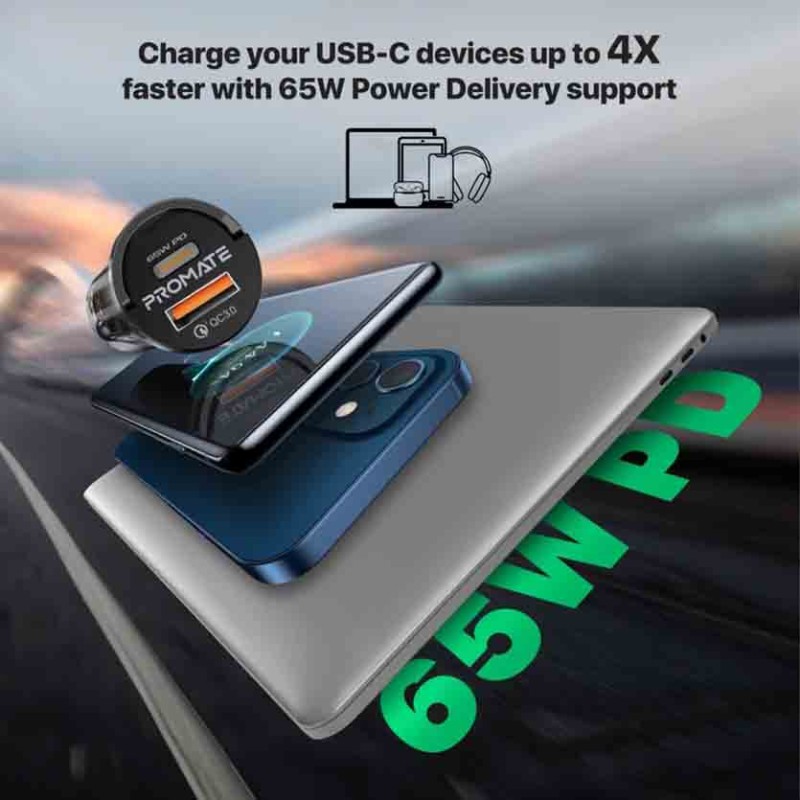 Buy TRANSDRIVE-65W RAPID CAR MINI CHARGER TRANSPARENT, QUICK CHARGE PORTS PROMATE in Cyprus, Nicosia, Limassol, Larnaka, Pafos