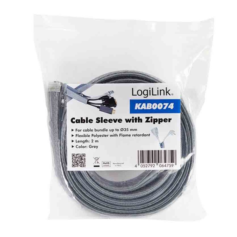 Buy KAB0074 2m CABLE SLEEVE WITH ZIPPER, POLYESTER 35mm GREY, LOGILINK in Cyprus, Nicosia, Limassol, Larnaka, Pafos
