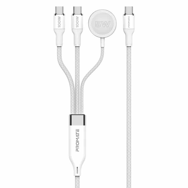 FUSION-CCW.WHITE 100W HIGH-SPEED NYLON BRAIDED MULTI-DEVICE CHARGING CABLE WITH APPLE WATCH CHARGER