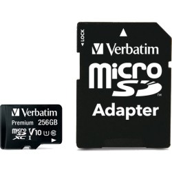 Verbatim Premium microSDXC 256GB - Class 10 UHS-I (U1), 90MB/s Read 10MB/s Write, Black (SD Adapter Included)