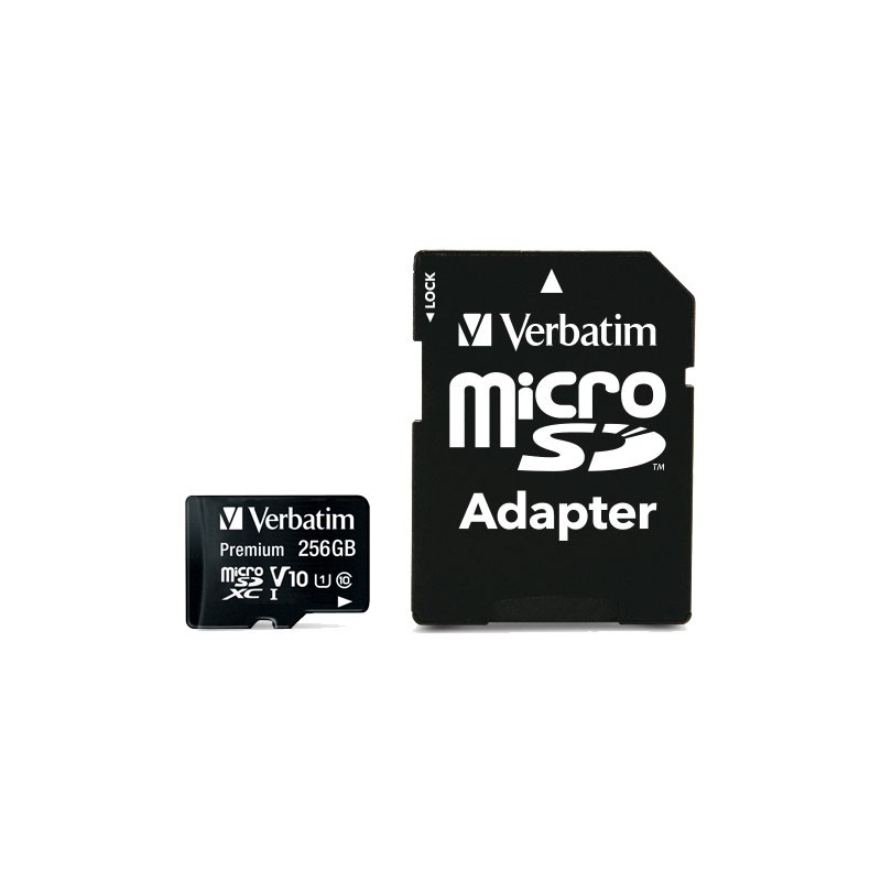 Verbatim Premium microSDXC 256GB - Class 10 UHS-I (U1), 90MB/s Read 10MB/s Write, Black (SD Adapter Included)