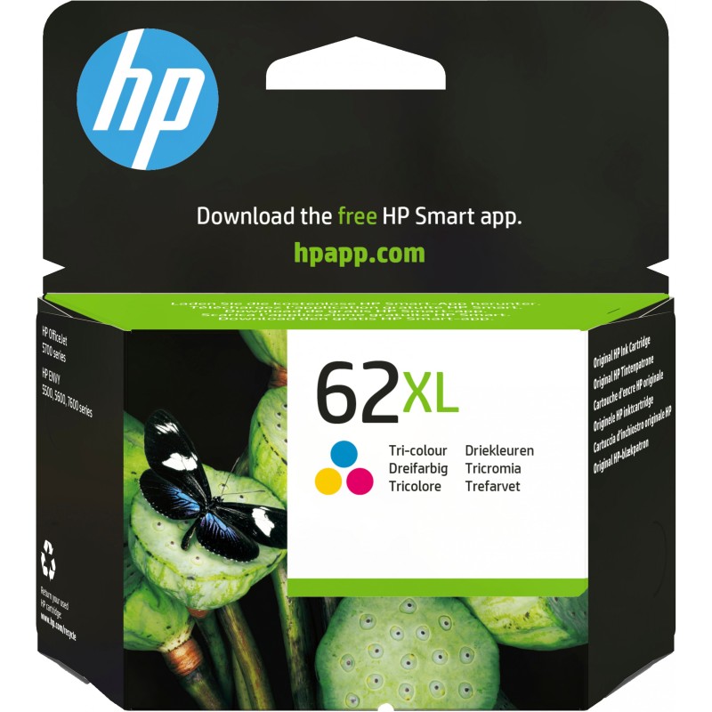 HP 62XL Tri-Color Original Ink Cartridge - C2P07AE - Cyan, Magenta, Yellow, High Yield 415 pages