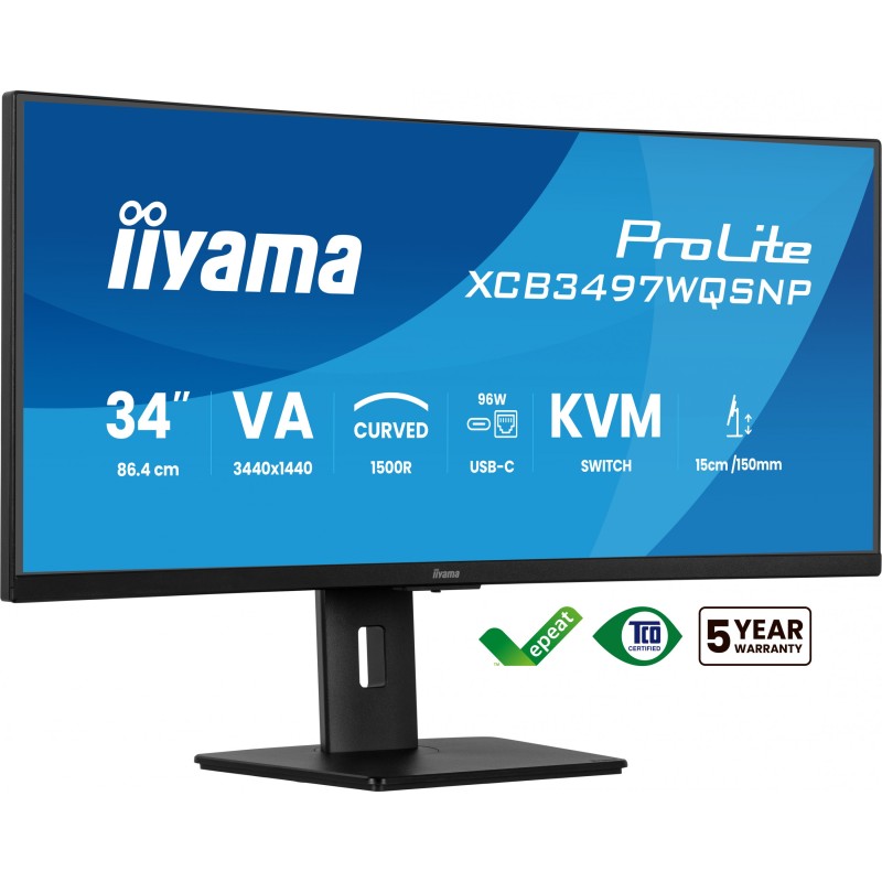 86.4cm 34' (3440x1440) iiyama ProLite XCB3497WQSNP-B1 21:9 UWQHD VA 0.4ms 120Hz HDMI DP USB-C Speaker Black