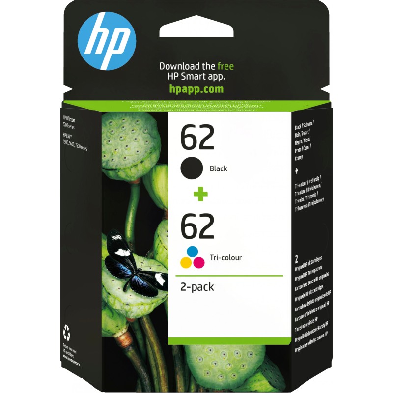 HP 62 Original Ink Cartridges - N9J71AE - Black & Tri-color (Cyan, Magenta, Yellow), Standard Yield, 2-Pack