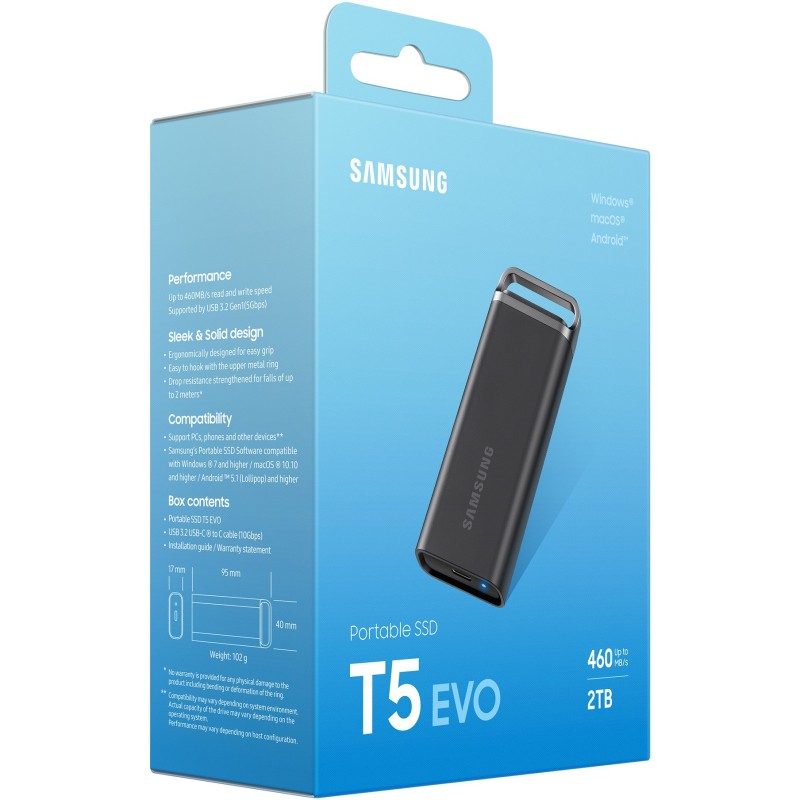 Samsung Portable SSD T5 EVO - MU-PH2T0S - 2TB, USB 3.2 Gen1 (460 MB/s), Black, Hardware Encryption