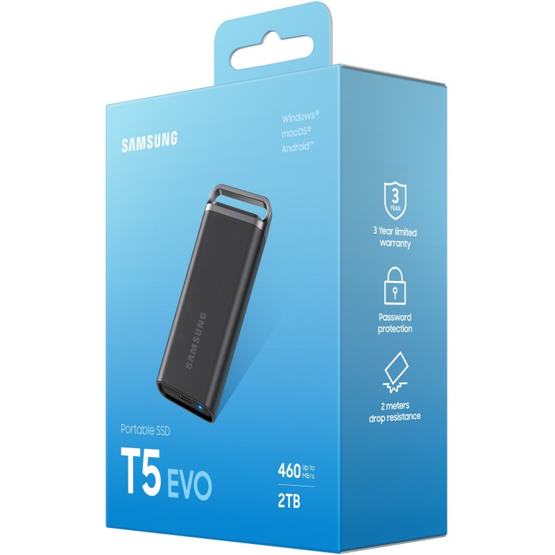 Samsung Portable SSD T5 EVO - MU-PH2T0S - 2TB, USB 3.2 Gen1 (460 MB/s), Black, Hardware Encryption