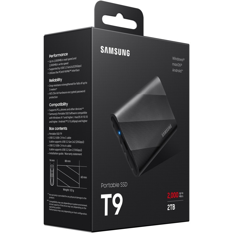 Samsung Portable SSD T9 - MU-PG2T0B - 2TB, USB-C 3.2 Gen2 (10Gbps), Black, 2000MB/s — Buy in Cyprus with Fast Delivery