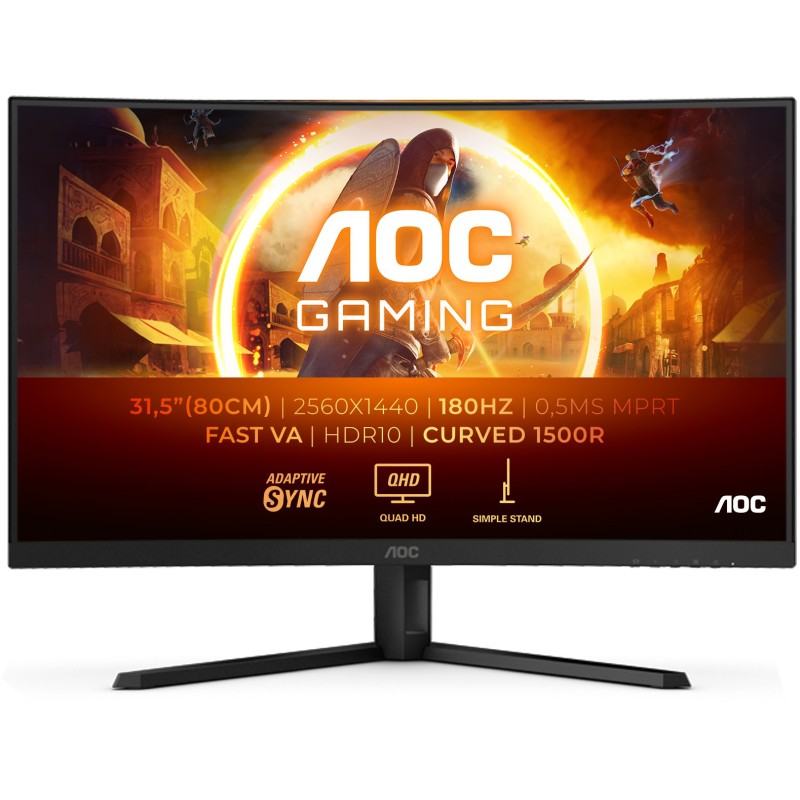 AOC CQ32G4VE - 31.5" QHD Curved Gaming Monitor, 1500R, 180Hz, 1ms GTG, HDR10, DP1.4 & HDMI 2.0, Black