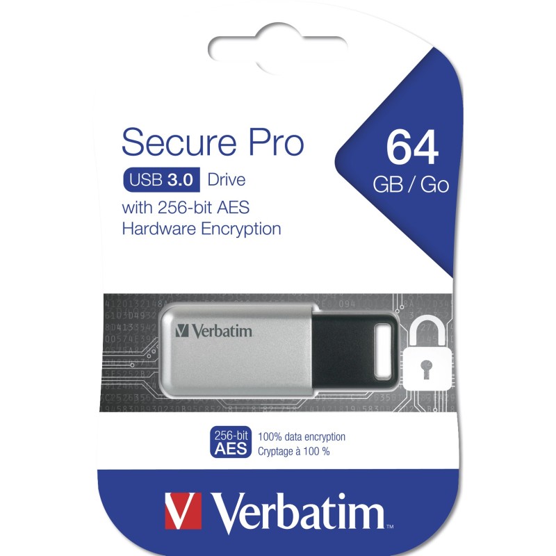 Verbatim Secure Data Pro USB 3.2 Gen1 Flash Drive - 64GB - Black/Grey, USB-A, AES-256 Encryption