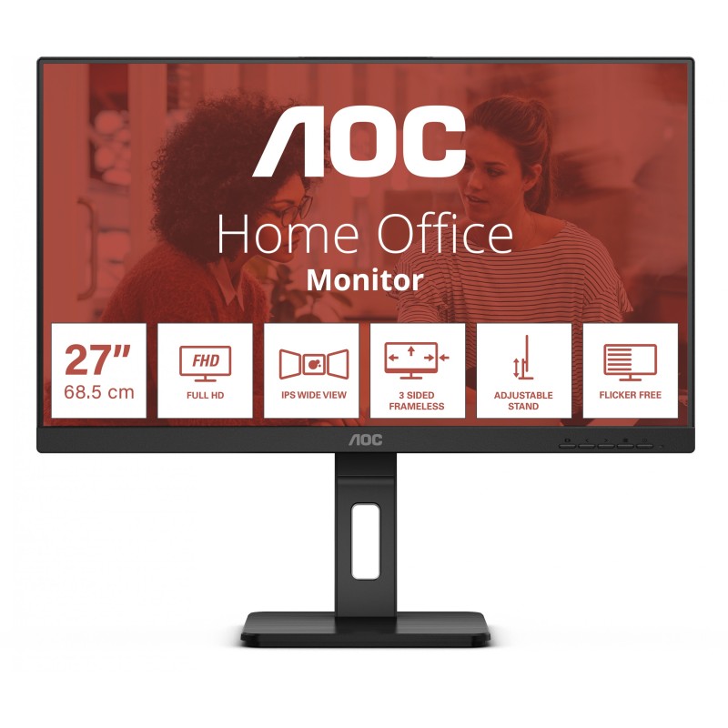 AOC 27E3QAF - 27-inch FHD IPS Monitor (1920x1080), 75Hz, 4ms, HDMI/DP/VGA, Built-in Speakers, Pivot & Height Adjust, Black