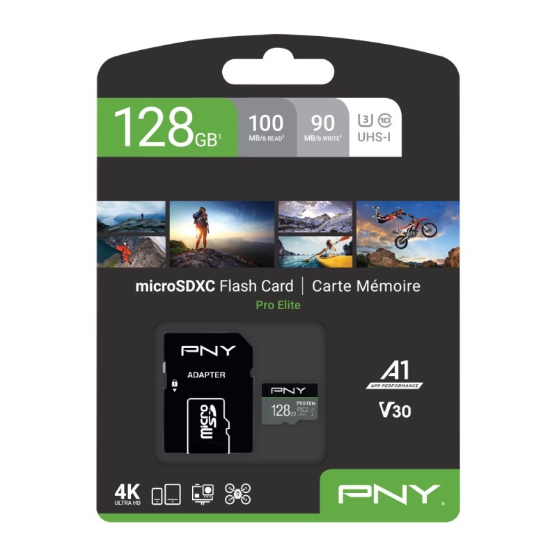 PNY Pro Elite microSDXC Card - Pro Elite - 128GB, UHS-I U3 (Class 10), Black/Grey, 100MB/s R / 90MB/s W