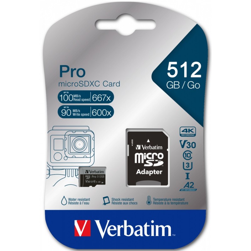 Verbatim Pro microSDXC 512GB - Black - UHS-I (U3, V30, A2), 100MB/s Read, 90MB/s Write — Buy in Cyprus with Fast Delivery