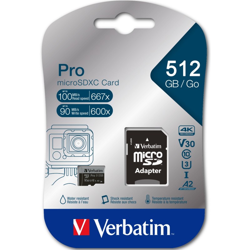 Verbatim Pro microSDXC 512GB - Black - UHS-I (U3, V30, A2), 100MB/s Read, 90MB/s Write — Buy in Cyprus with Fast Delivery