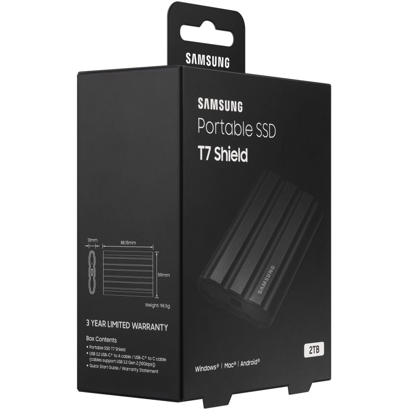 Samsung Portable SSD T7 Shield - MU-PE2T0S - 2TB, USB-C (USB 3.2 Gen2), 1050MB/s, Black, Rugged