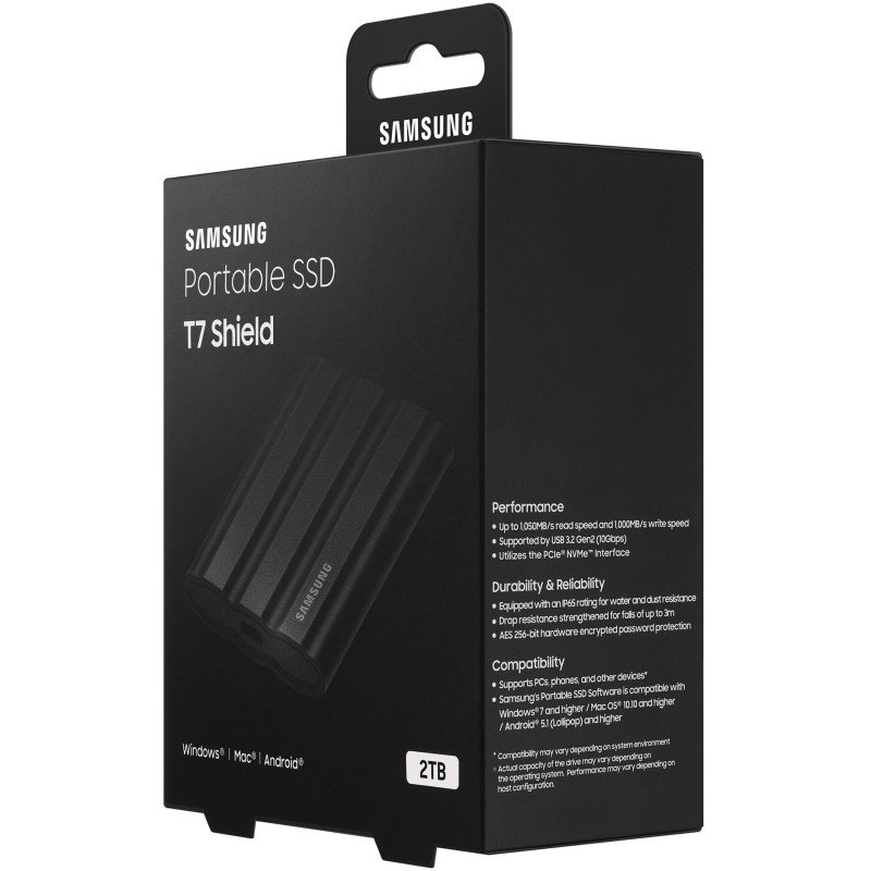 Samsung Portable SSD T7 Shield - MU-PE2T0S - 2TB, USB-C (USB 3.2 Gen2), 1050MB/s, Black, Rugged