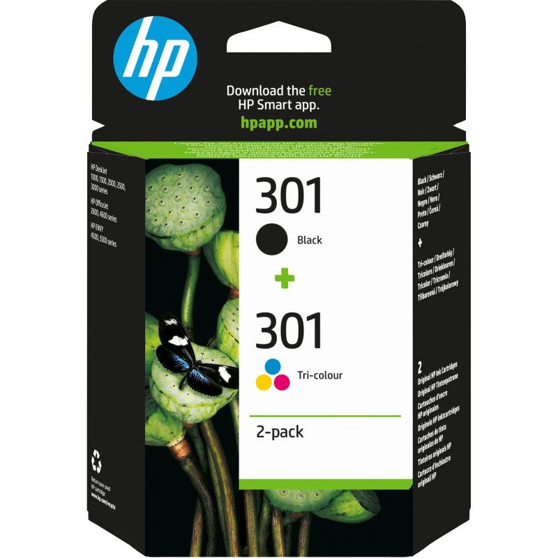 HP 301 Ink Cartridges - N9J72AE - 2-Pack Original Black & Tri-color (Cyan/Magenta/Yellow), Standard Yield