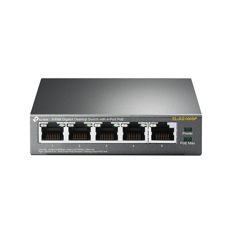 TP-Link SG1005P 5-Port Gigabit PoE Switch - SG1005P - Black, Metal enclosure, 4 PoE ports, Unmanaged