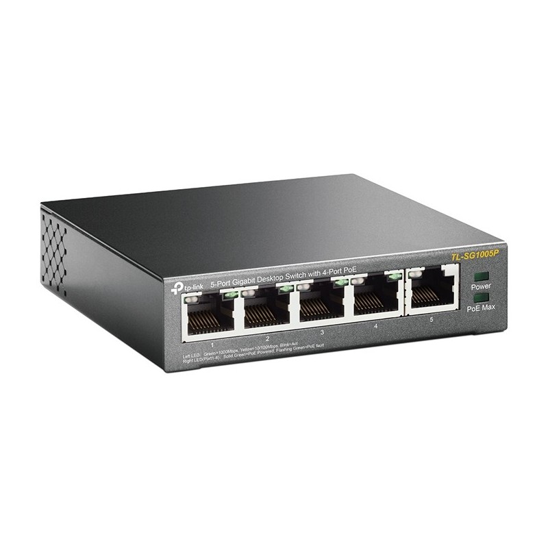 TP-Link SG1005P 5-Port Gigabit PoE Switch - SG1005P - Black, Metal enclosure, 4 PoE ports, Unmanaged