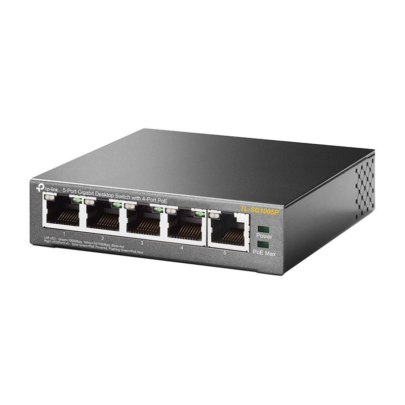 TP-Link SG1005P 5-Port Gigabit PoE Switch - SG1005P - Black, Metal enclosure, 4 PoE ports, Unmanaged