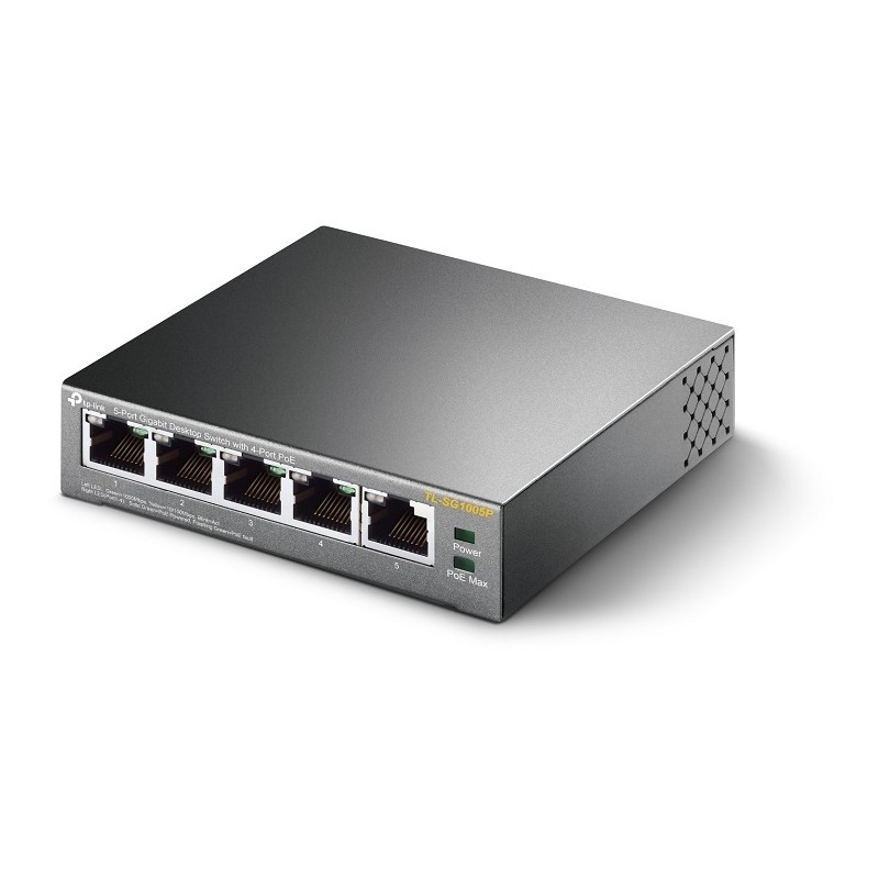 TP-Link SG1005P 5-Port Gigabit PoE Switch - SG1005P - Black, Metal enclosure, 4 PoE ports, Unmanaged