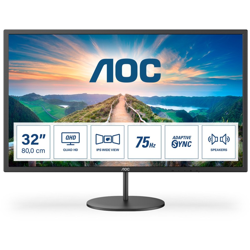 AOC 32'' QHD IPS Monitor - Q32V4 - Black, 2560x1440, 4ms, HDMI, DP, VESA, Built-in Speakers — Buy in Cyprus with Fast Delivery