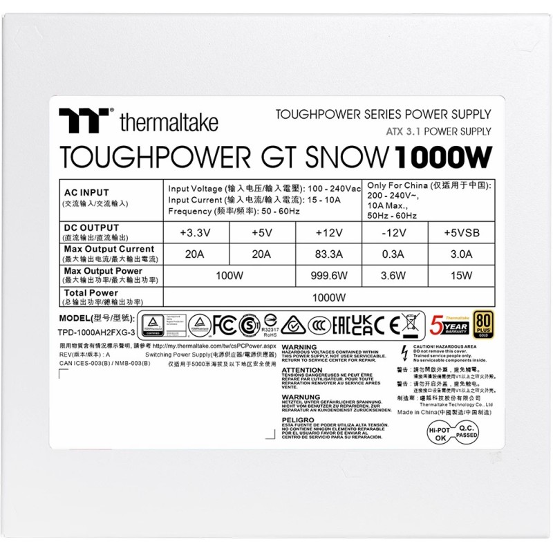 Thermaltake Toughpower GT 1000W Snow - ATX3.1, 80+ Gold, Fully Modular — Buy in Cyprus with Fast Delivery